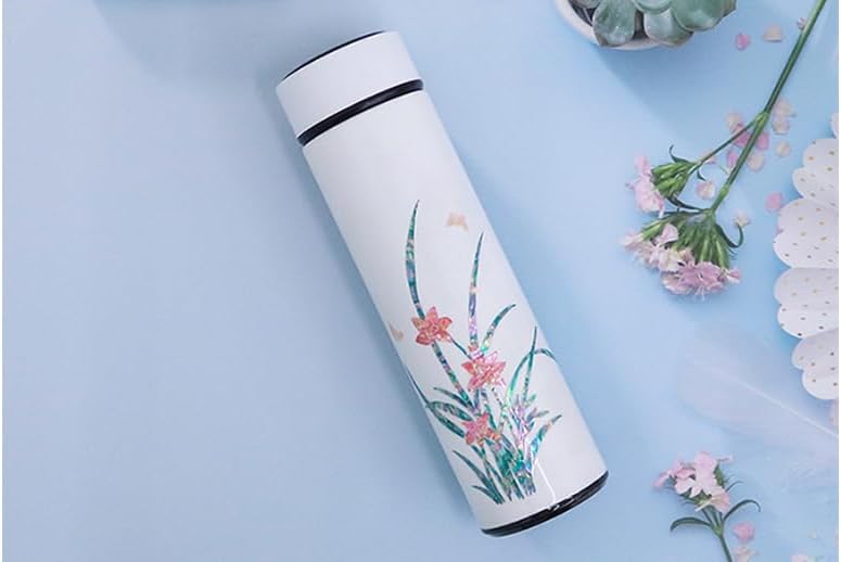 Mother of Pearl Design Stainless Steel Water Bottle with Tea Infuser Strainer 17 oz Leakproof Screw Cap Wide Mouth Double Wall Vacuum Insulated Travel Sport Water Flask Thermo Mug (Orchid White)