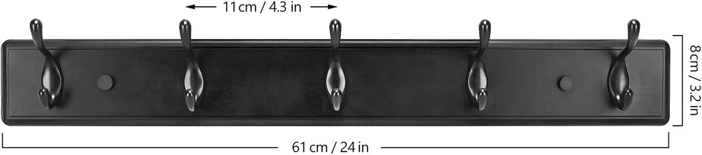 Wooden Coat Rack, Wall-Mounted Organizer for Closet, Entryway, Hallway, Foyer, Bedroom, Heavy Duty Double Hooks for Hanging Towels, Bags, Hats, Jackets, Key (Black, 5 Hooks)