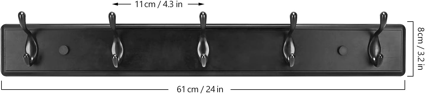 Wooden Coat Rack, Wall-Mounted Organizer for Closet, Entryway, Hallway, Foyer, Bedroom, Heavy Duty Double Hooks for Hanging Towels, Bags, Hats, Jackets, Key (Black, 5 Hooks)