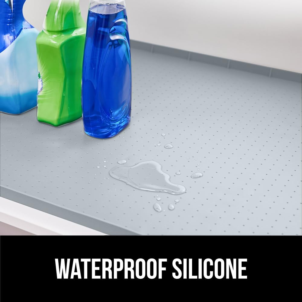 GORILLA GRIP Waterproof Silicone Under Sink Mat with Raised Lip for Kitchen and Bathroom, Cabinet Shelf Liner Stay in Place Mats Dishwasher Safe Drawer Liner, Organizer Tray, 19 x 22 in, Light Grey