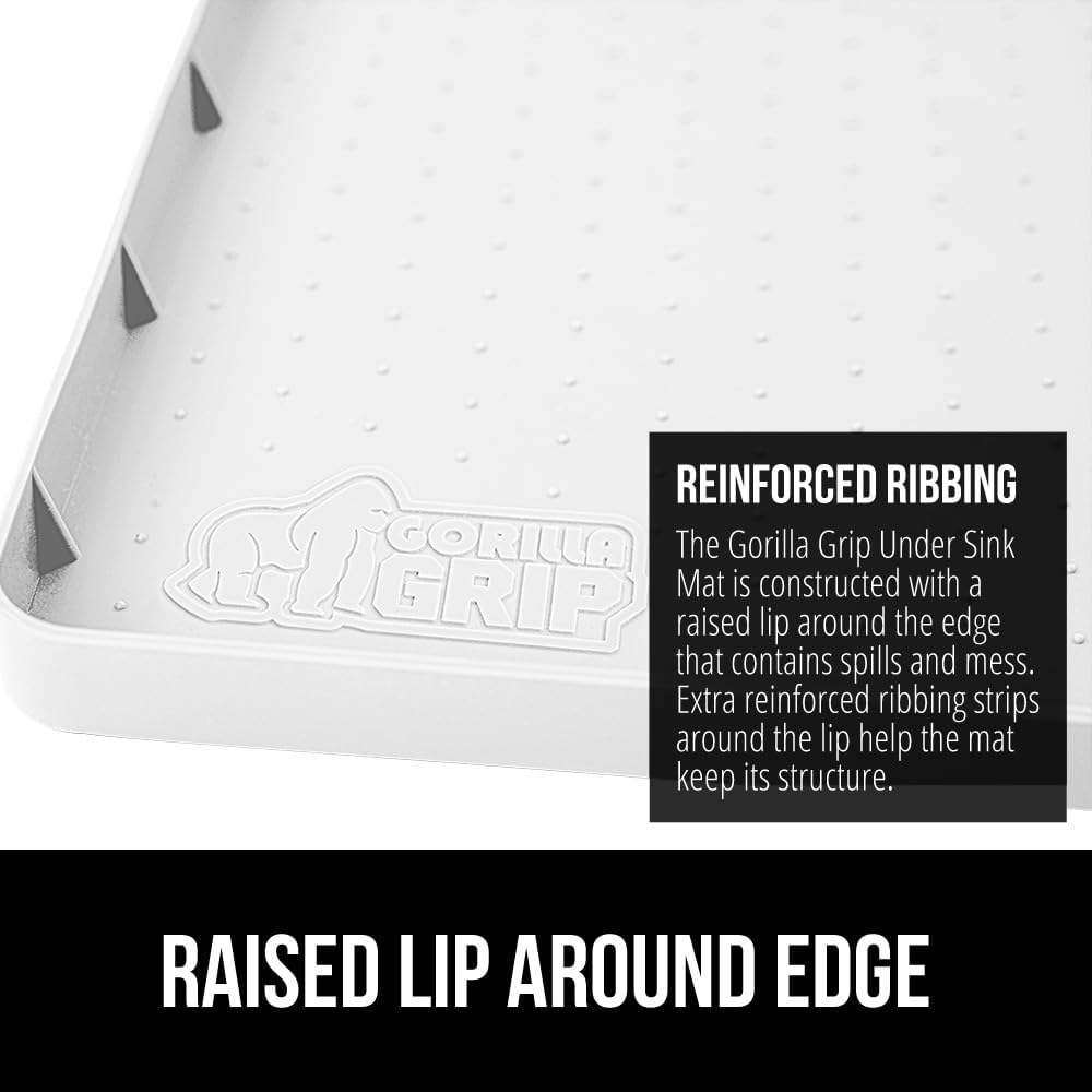 GORILLA GRIP Waterproof Silicone Under Sink Mat with Raised Lip for Kitchen and Bathroom, Cabinet Shelf Liner Stay in Place Mats Dishwasher Safe Drawer Liner, Organizer Tray, 15 x 22 in, White