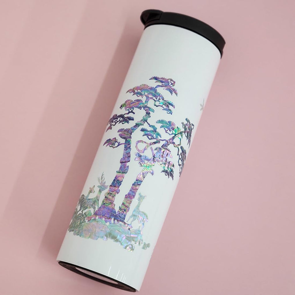 Mother of Pearl Design Stainless Steel Water Bottle 17 oz Leakproof Screw Cap Wide Mouth Double Wall Vacuum Insulated Travel Sport Water Flask Thermo Mug (Deer Pine White)