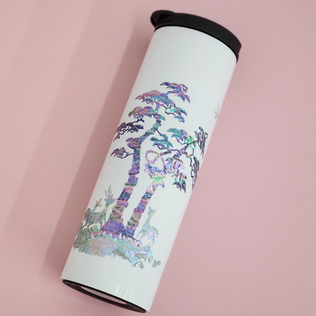 Mother of Pearl Design Stainless Steel Water Bottle 17 oz Leakproof Screw Cap Wide Mouth Double Wall Vacuum Insulated Travel Sport Water Flask Thermo Mug (Deer Pine White)
