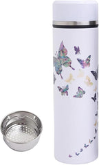 Mother of Pearl Design Stainless Steel Water Bottle with Tea Infuser Strainer 17 oz Leakproof Screw Cap Wide Mouth Double Wall Vacuum Insulated Travel Sport Water Flask Thermo Mug (Butterfly White)