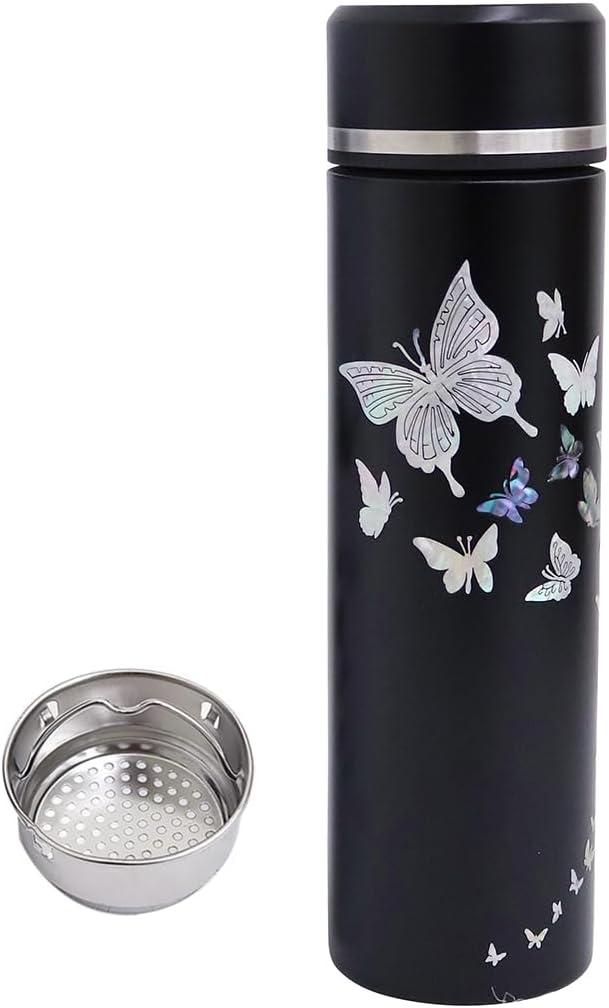 Mother of Pearl Design Stainless Steel Water Bottle with Tea Infuser Strainer 17 oz Leakproof Screw Cap Wide Mouth Double Wall Vacuum Insulated Travel Sport Water Flask Thermo Mug (Butterfly Black)