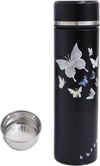 Mother of Pearl Design Stainless Steel Water Bottle with Tea Infuser Strainer 17 oz Leakproof Screw Cap Wide Mouth Double Wall Vacuum Insulated Travel Sport Water Flask Thermo Mug (Butterfly Black)
