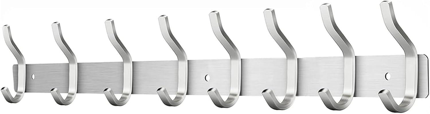 Wall Hooks Heavy Duty, 23 Inch Coat Rack Wall Mount with 8 Hooks, Silver Wall Hooks for Hanging Backpack, Bag, Purse, Clothes, Hat, Coat, Towel | Entryway & Bathroom Storage Organization Hanger