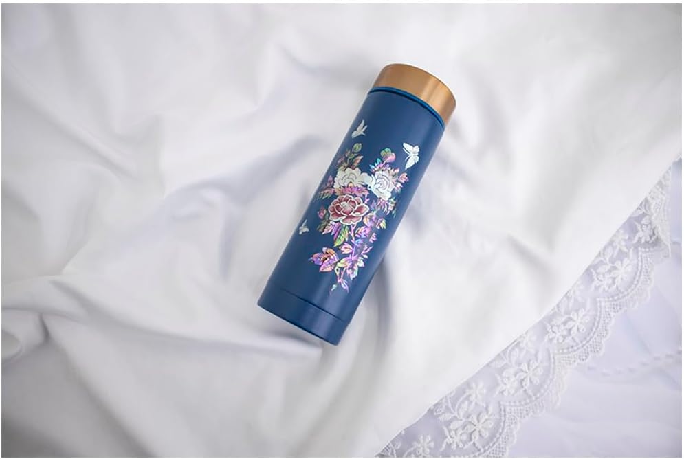 Mother of Pearl Design Stainless Steel Water Bottle 10.1 oz Leakproof Screw Cap Wide Mouth Double Wall Vacuum Insulated Travel Sport Water Flask Thermo Mug (Peony Blue)