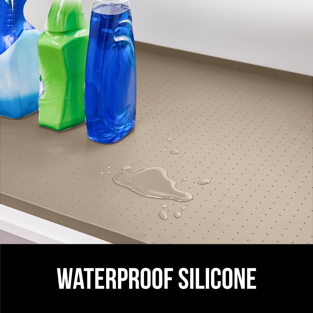 GORILLA GRIP Waterproof Silicone Under Sink Mat with Raised Lip for Kitchen and Bathroom, Cabinet Shelf Liner Stay in Place Mats Dishwasher Safe Drawer Liner, Organizer Tray, 19 x 22 in, Beige