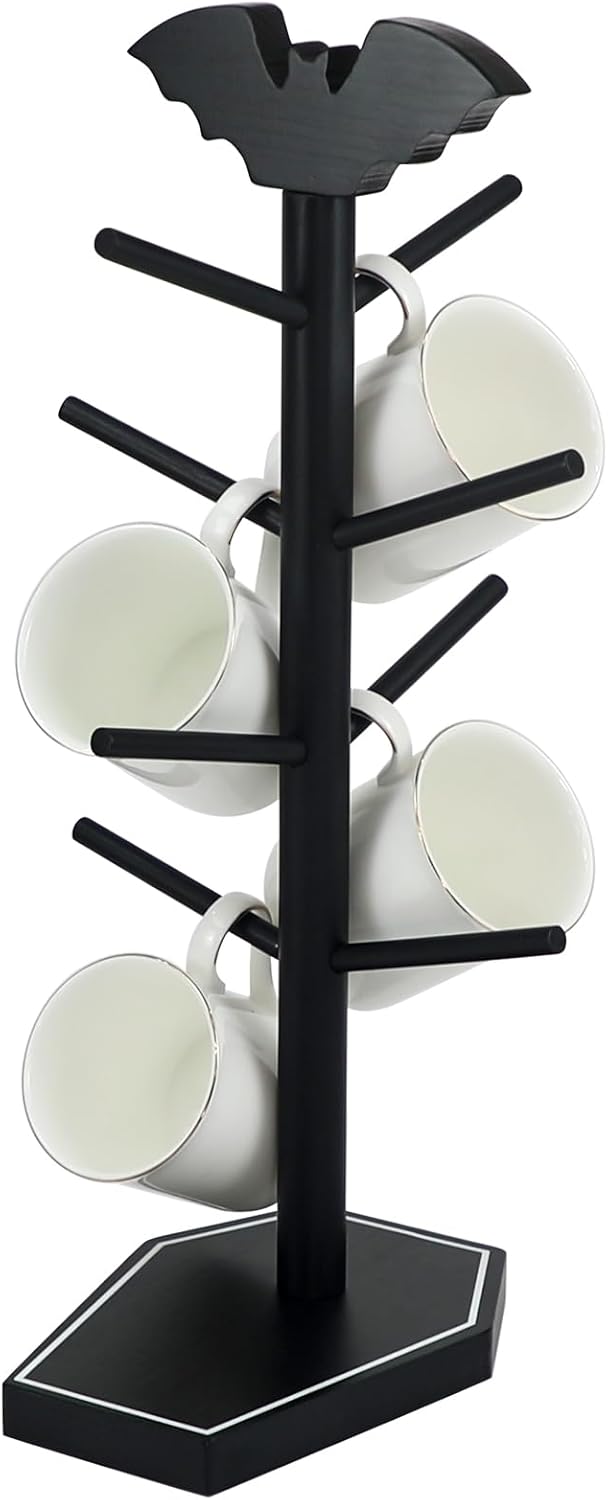 Bat Mug Holder Tree - 8 Hooks Coffee Mug Rack - Gothic Home Decor Wood Coffee Mug Tree for Countertop - Coffee Cup Holder for Halloween Kitchen Organizer & Coffee Bar Accessories (Coffin)