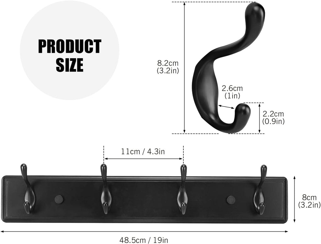 Wooden Coat Rack, Wall-Mounted Organizer for Closet, Entryway, Hallway, Foyer, Bedroom, Heavy Duty Double Hooks for Hanging Towels, Bags, Hats, Jackets, Key (Black, 4 Hooks)