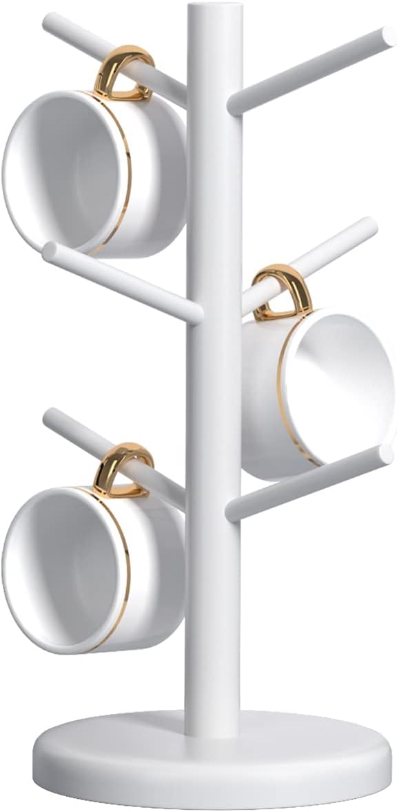 Dorhors Mug Holder Tree,Coffee Cup Holder with 6 Hooks, Wood Mug Rack for Counter,Coffee Bar Accessories and Orgnizer Station,White