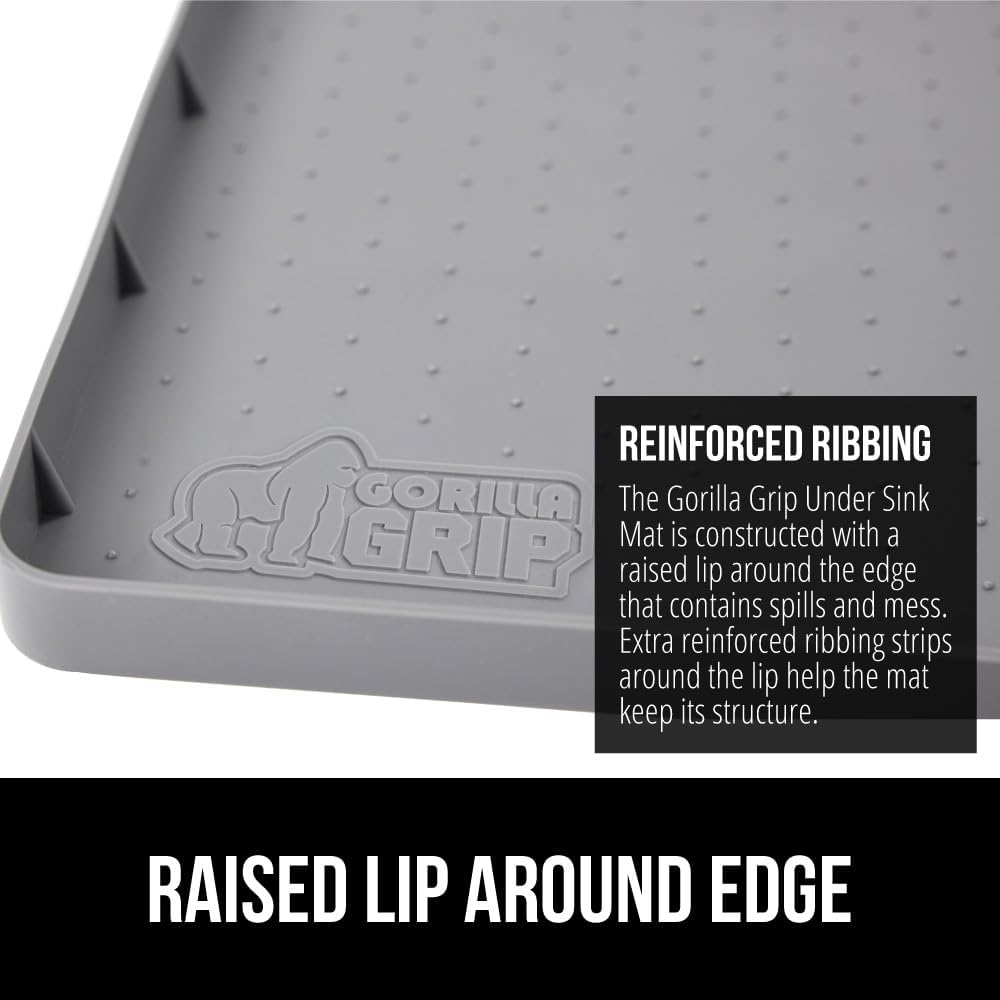 GORILLA GRIP Waterproof Silicone Under Sink Mat with Raised Lip for Kitchen and Bathroom, 31 x 22 in, Cabinet Shelf Liner Stay in Place Mats Dishwasher Safe Drawer Liner, Organizer Tray, Gray