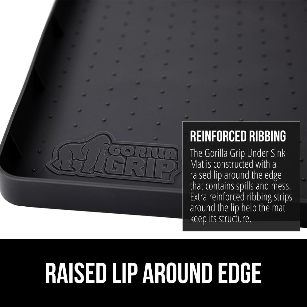 GORILLA GRIP Waterproof Silicone Under Sink Mat with Raised Lip for Kitchen and Bathroom, Cabinet Shelf Liner Stay in Place Mats Dishwasher Safe Drawer Liner, Organizer Tray, 19 x 34 in, Black