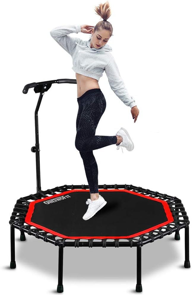 ONETWOFIT 51" Silent Trampoline with Adjustable Handle Bar, Fitness Trampoline Bungee Rebounder Jumping Cardio Trainer Workout for Adults…