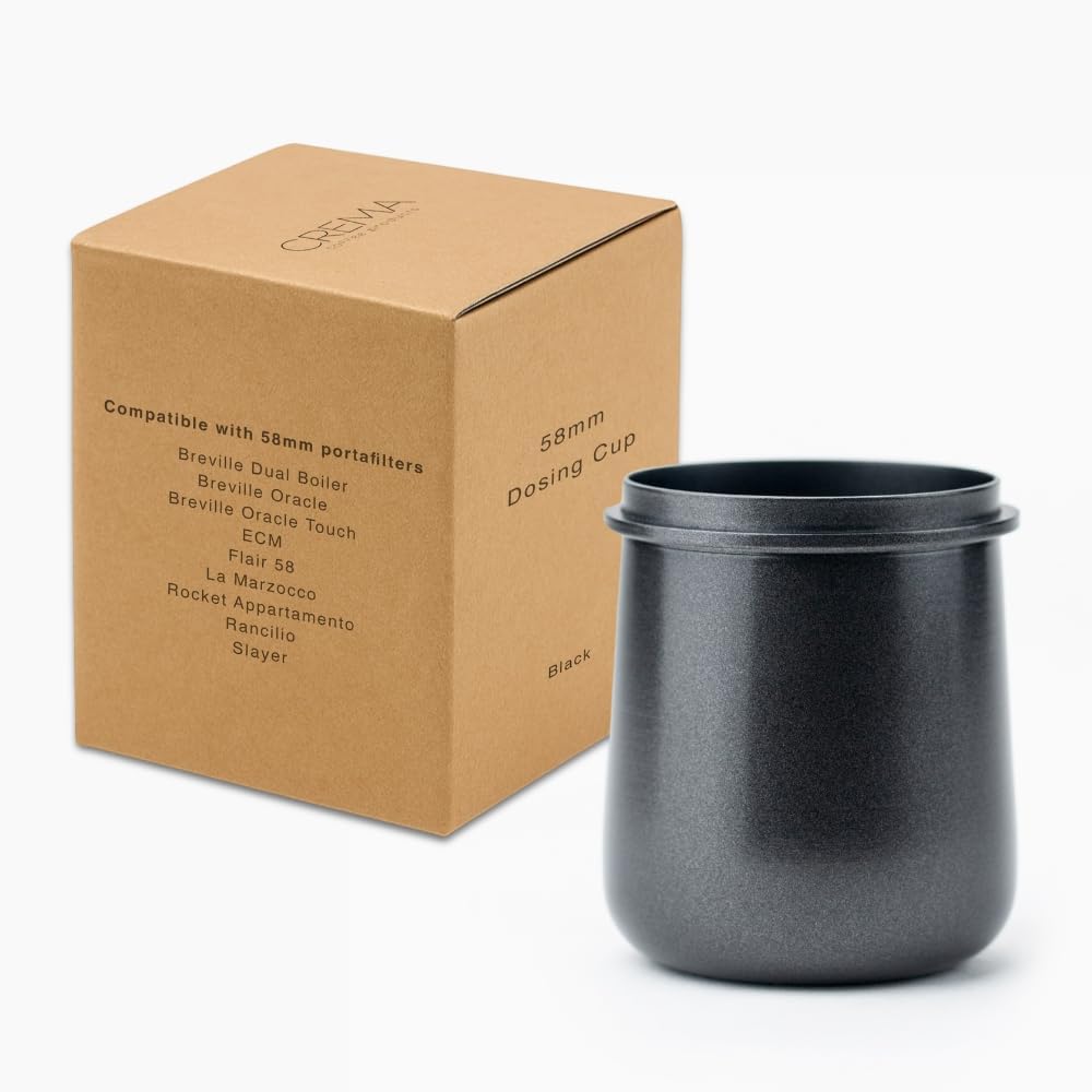 Crema Coffee Products 58mm Dosing Cup | Compatible with Breville Portafilters etc | Durable 100% Stainless Steel | Built-In Grinder Tab for Easy Transfer | Sleek, Mess-Free Design | Black Finish