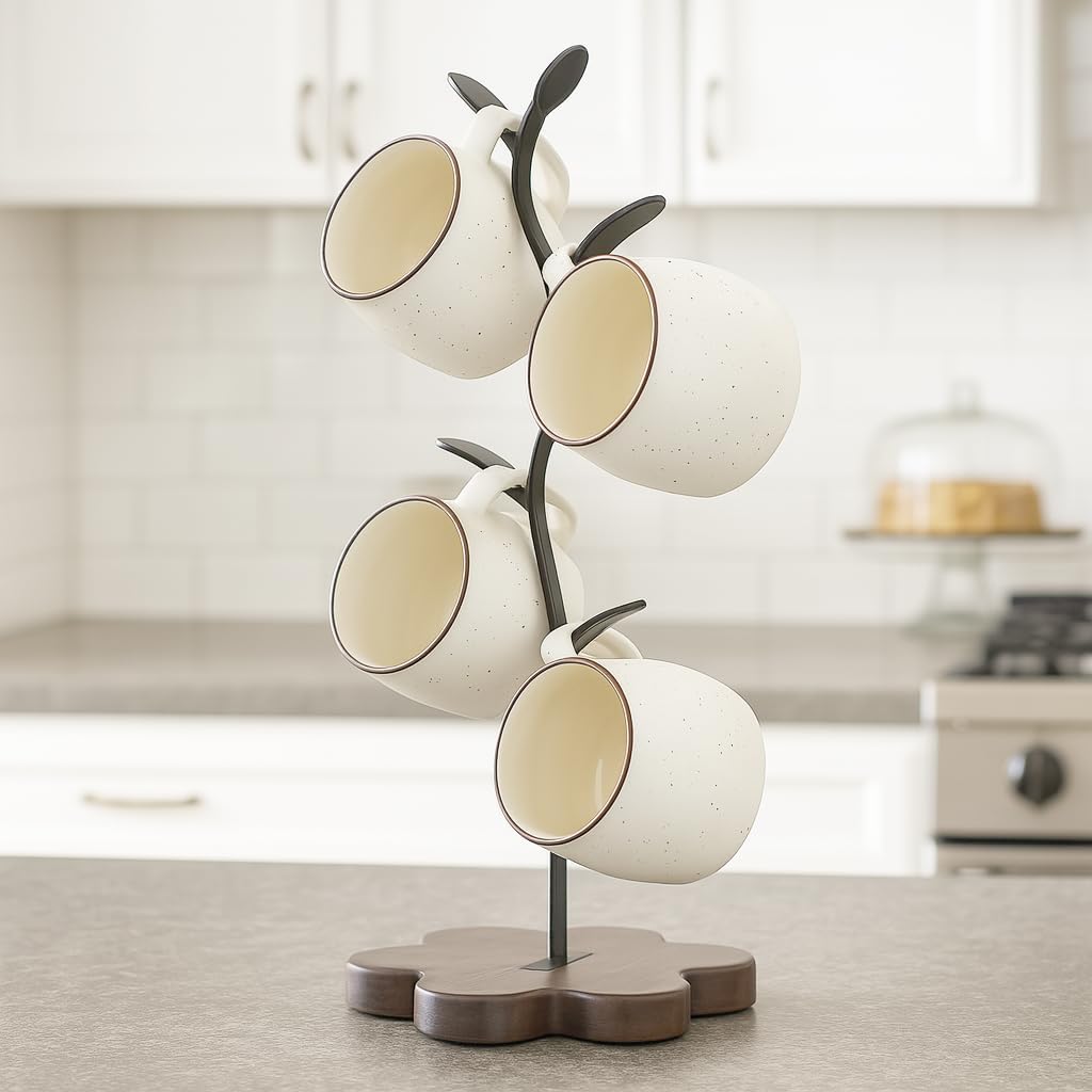 Mug Tree for Coffee Cups – Rustic Mug Holder Stand with 4 Hooks, Countertop Cup Rack for Coffee Bar & Kitchen Organization