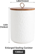 Black White Ceramic Coffee Canister Tea Canister with Seal Wood Lid, Airtight Coffee Storage Container for Coffee Bean, Ground Coffee, Sugar, Cookie Candy jar (White, 1300ml)