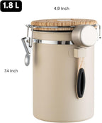 Airtight Coffee Canister 1.8L with Wooden Lid Scoop Set, 304 Stainless Steel Food Storage Container with CO₂ Valve, for Beans, Grounds, Tea, Sugar, Flour, Nuts (Beige,1.8L)