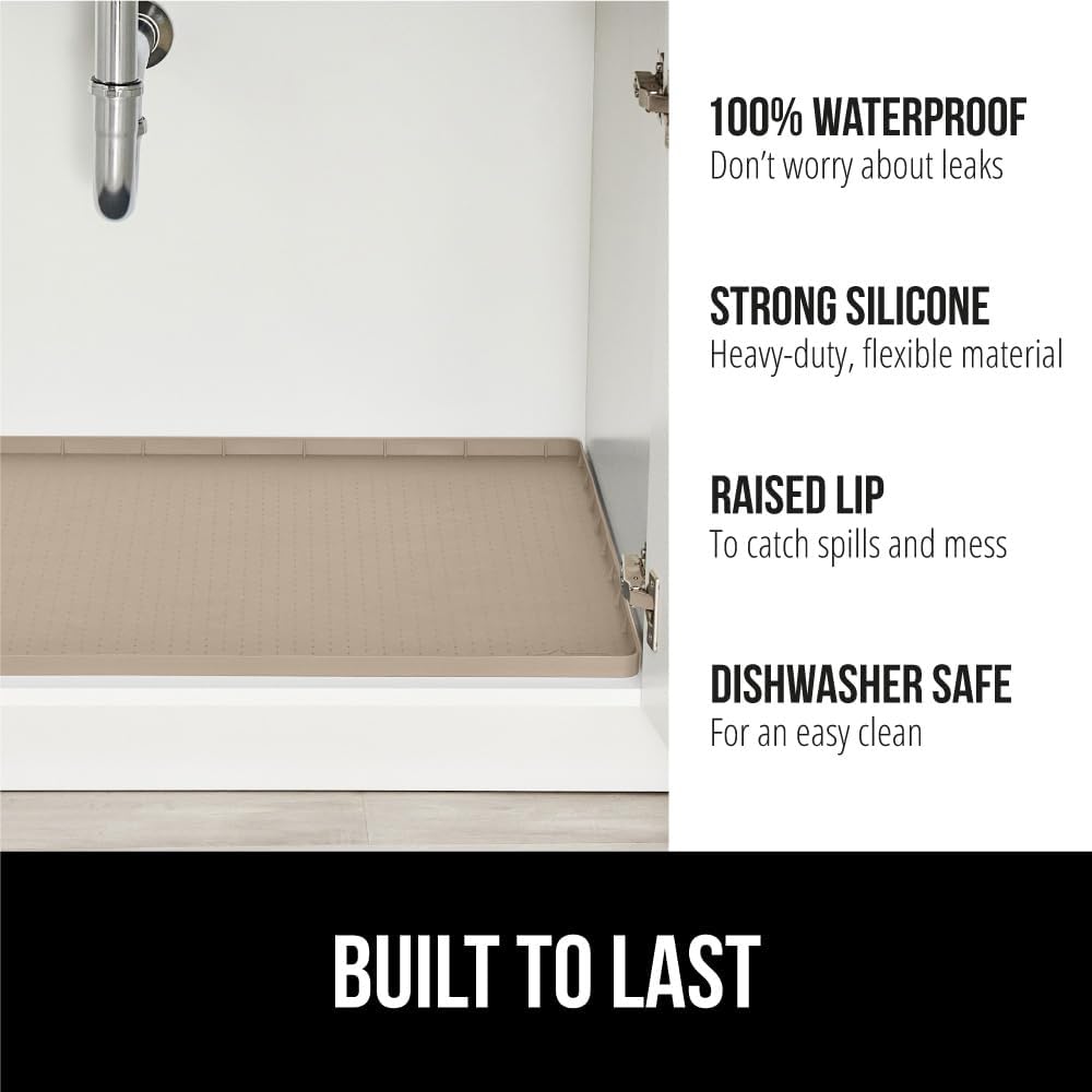 GORILLA GRIP Waterproof Silicone Under Sink Mat with Raised Lip for Kitchen and Bathroom, Cabinet Shelf Liner Stay in Place Mats Dishwasher Safe Drawer Liner, Organizer Tray, 19 x 34 in, Beige