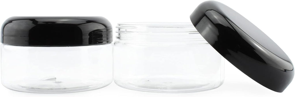 Cornucopia Brands 8oz Clear Plastic Jars w/Black Plastic Lids (6-Pack); BPA Free PET Stackable Containers for Bathroom & Kitchen Storage & Cosmetics