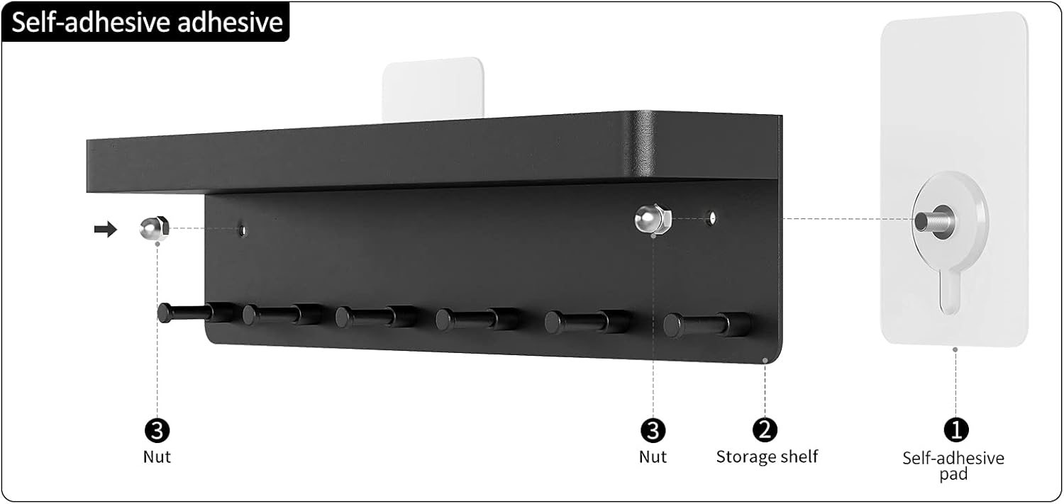 MKO Key Holder Wall Mount, Key Holder Wall Mount Adhesive with Mail Organizer Tray with 6 Key Hooks for Wall, Black