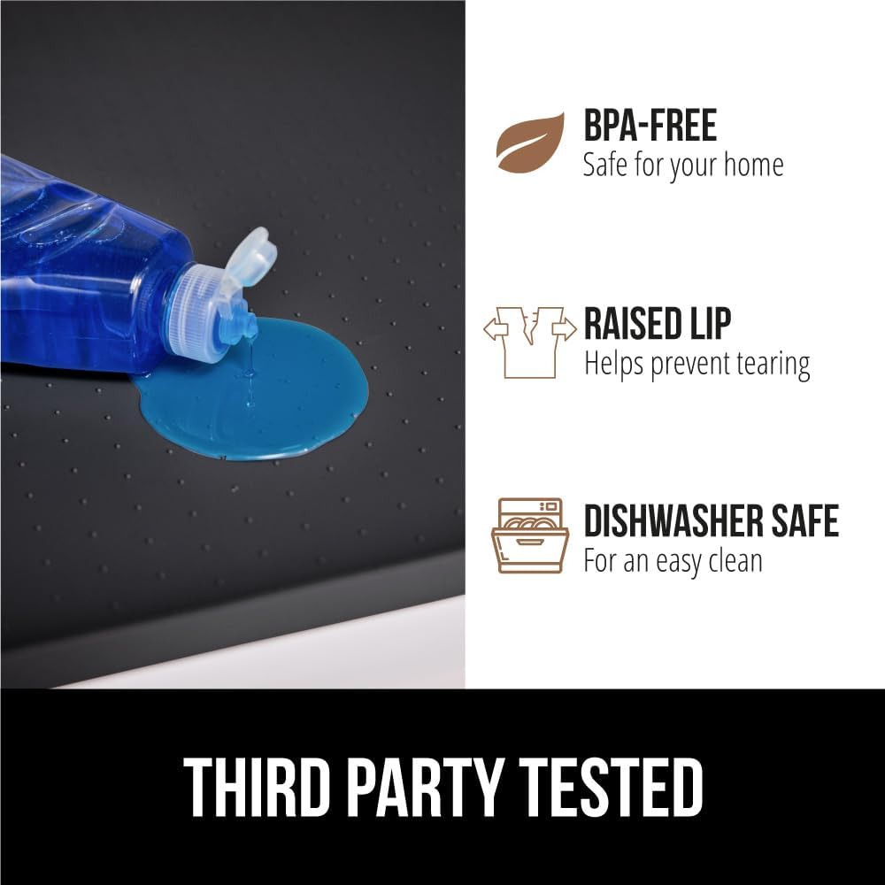 GORILLA GRIP Waterproof Silicone Under Sink Mat with Raised Lip for Kitchen and Bathroom, Cabinet Shelf Liner Stay in Place Mats Dishwasher Safe Drawer Liner, Organizer Tray, 19 x 34 in, Black