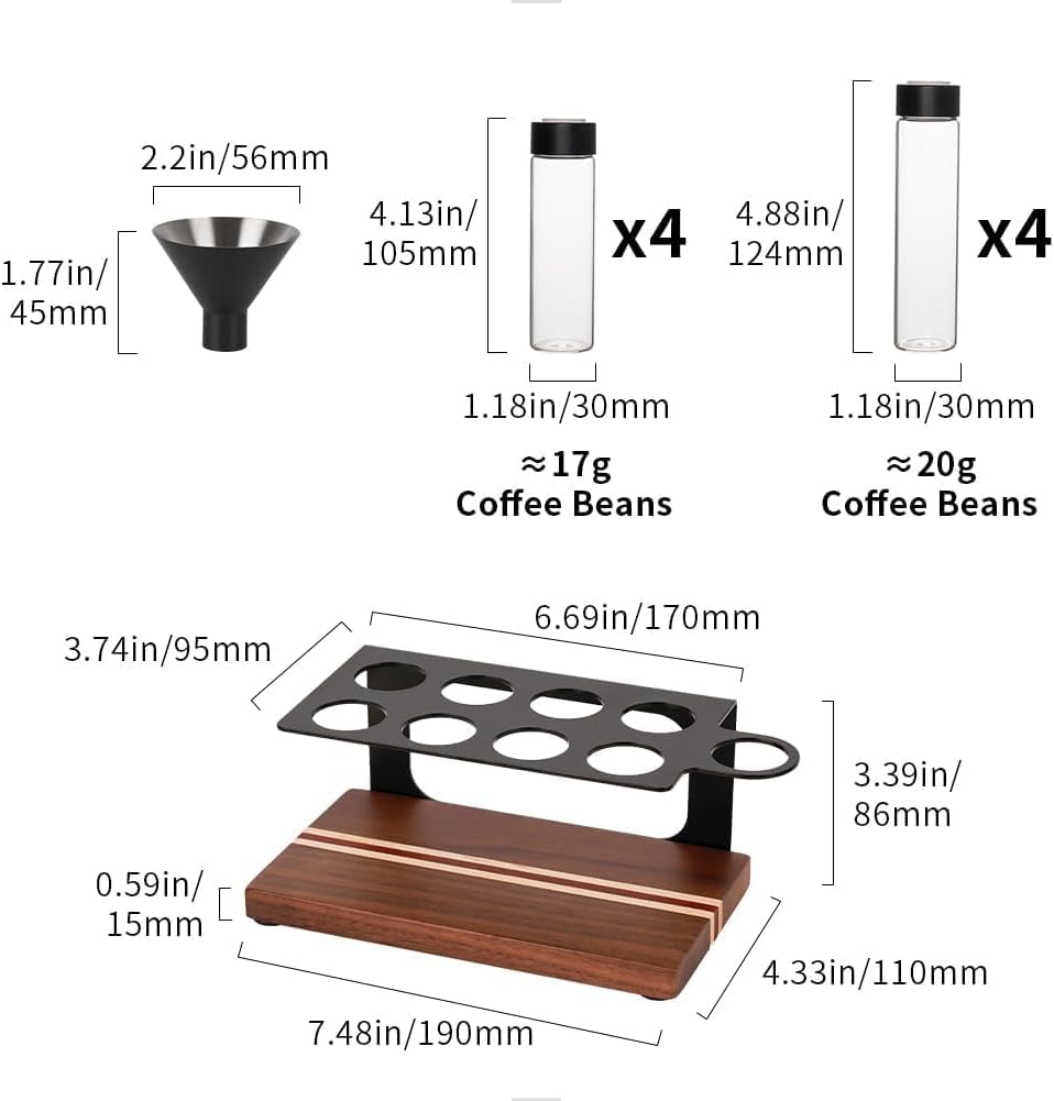 watchget Coffee Bean Storage Tubes Single Dose Coffee Bean Cellars 8 Pcs with One-way Exhaust Valve Sealed Airtight Coffee Bean Storage Jars with Hopper, Wooden Display Stand, A