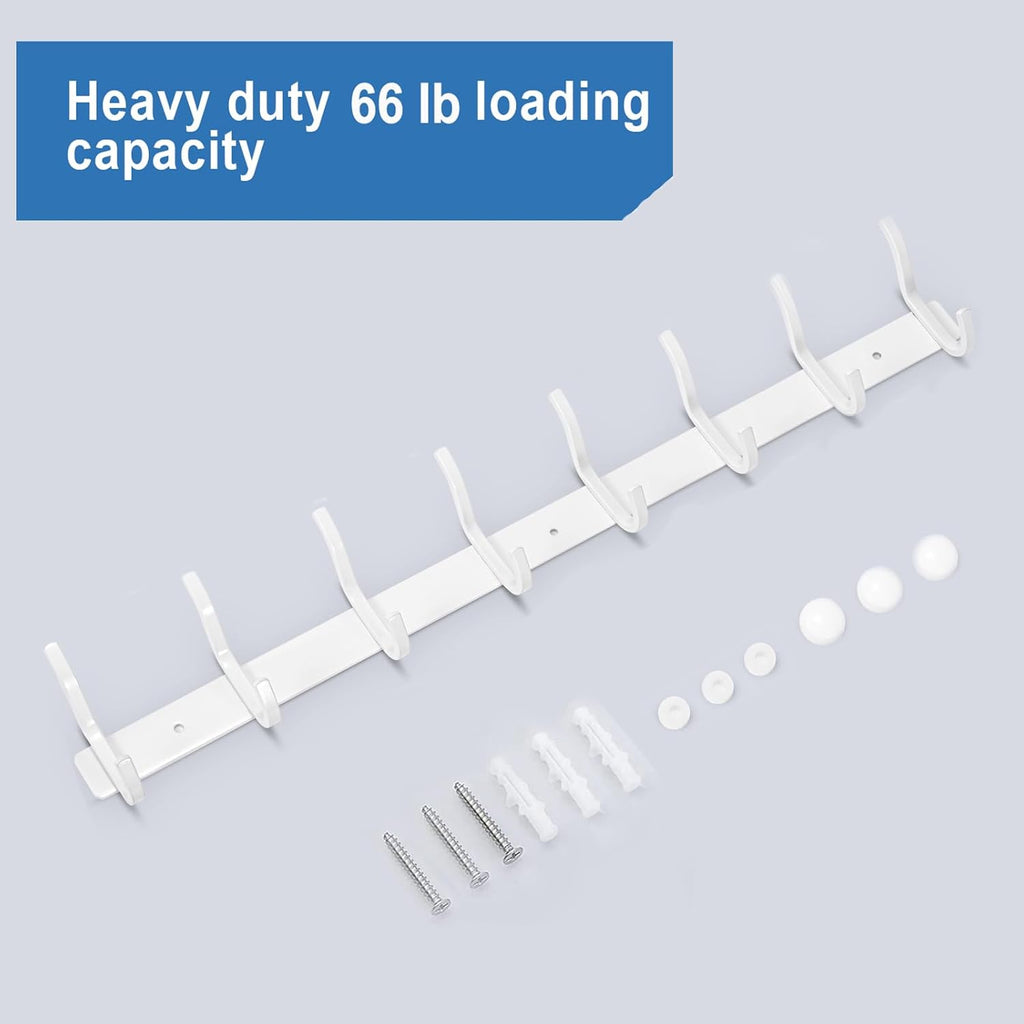 White Wall Hooks Heavy Duty, 23 Inch Coat Hooks Wall Mount with 8 Hooks, Wall Hooks Hangers for Entryway, Bathroom - for Hanging Backpack, Bag, Coat, Purse, Hat, Towel, Clothes