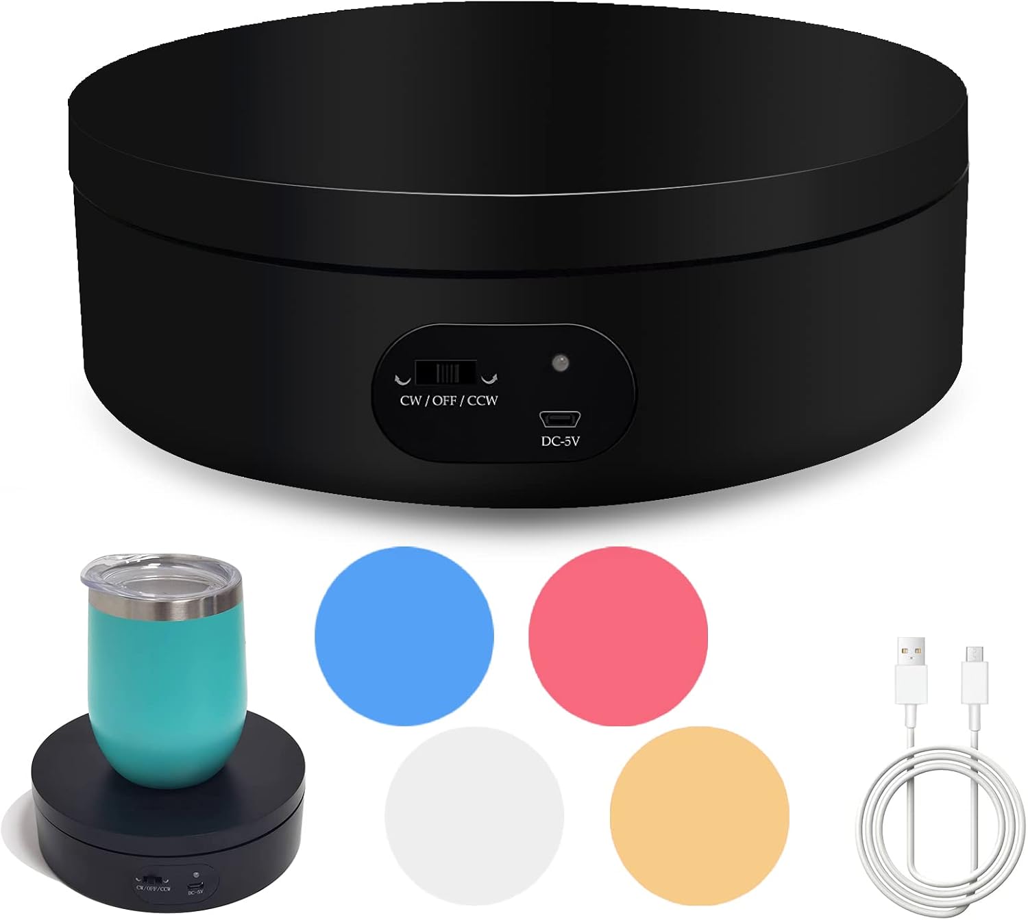 YVV Motorized Rotating Display Stand, Cup Display Turner Stand, Electric Rotating Base for Glitter Tumblers, 360 Automatic Mute Rotating Turntable with 4 Colors Backgrounds for Epoxy Cup Display