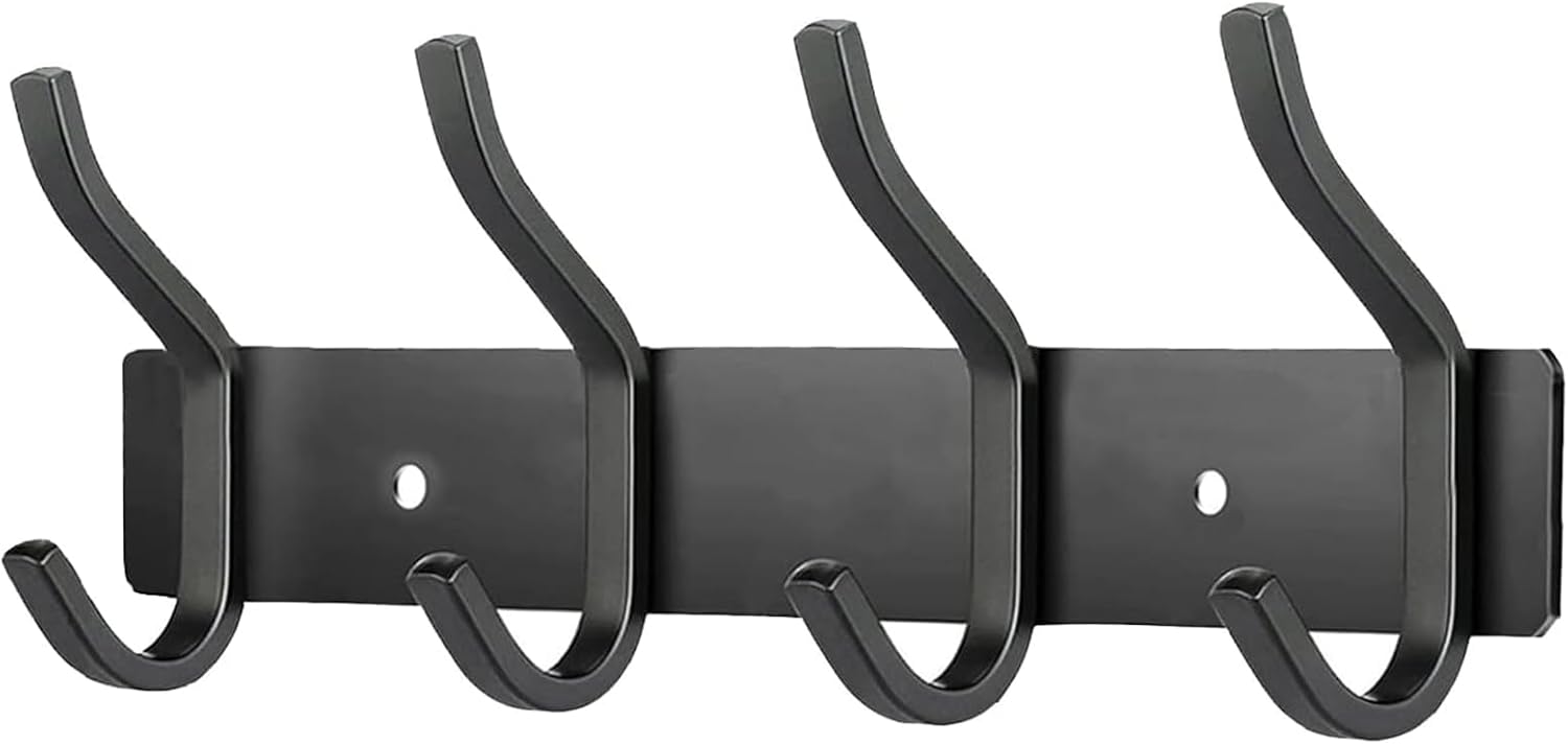 Wall Hooks Heavy Duty, 12 Inch Coat Rack Wall Mount with 4 Hooks, Black Wall Hooks for Hanging Backpack, Bag, Purse, Clothes, Hat, Coat, Towel | Entryway & Bathroom Storage Organization Hanger