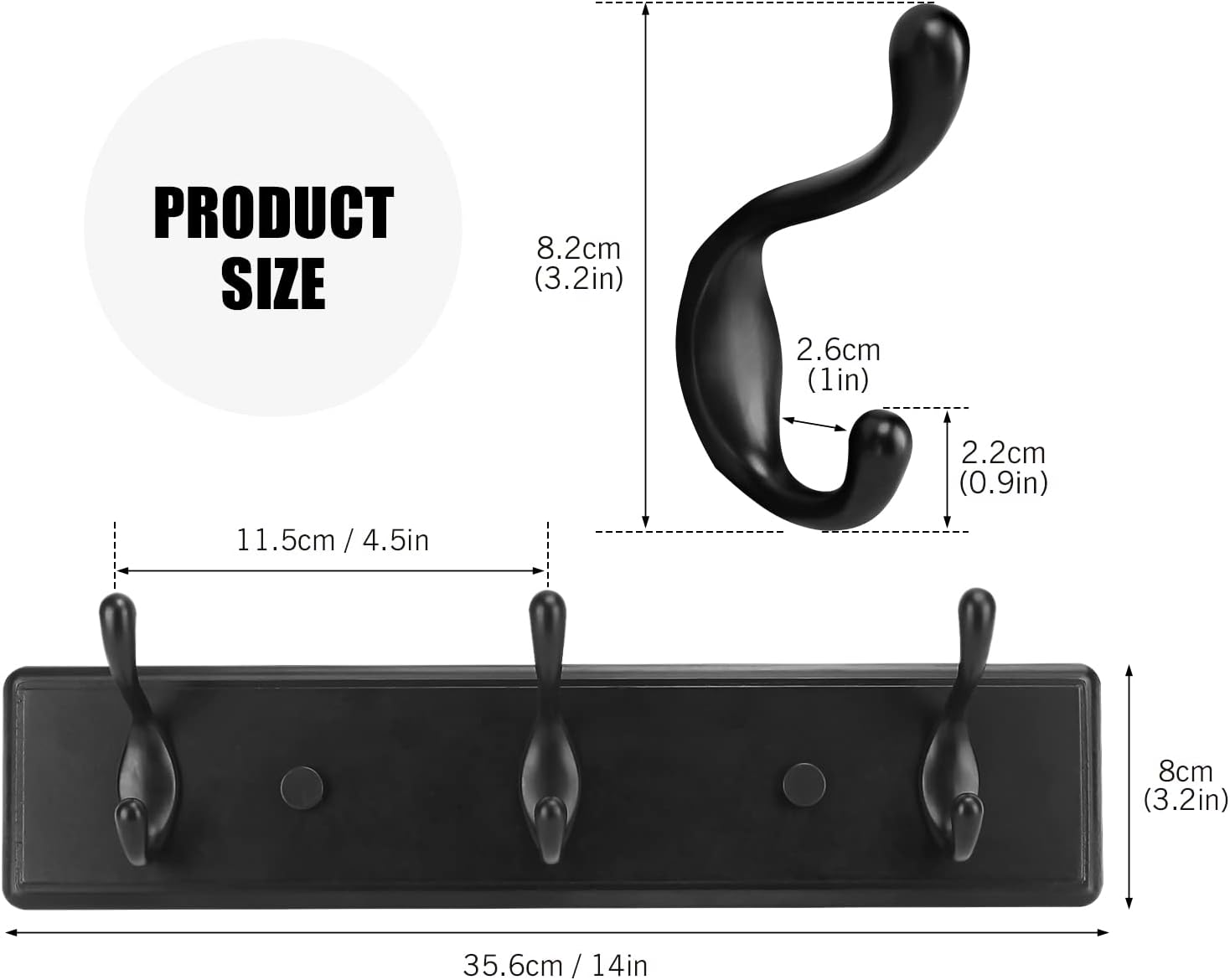 Wooden Coat Rack, Wall-Mounted Organizer for Closet, Entryway, Hallway, Foyer, Bedroom, Heavy Duty Double Hooks for Hanging Towels, Bags, Hats, Jackets, Key (Black, 3 Hooks)