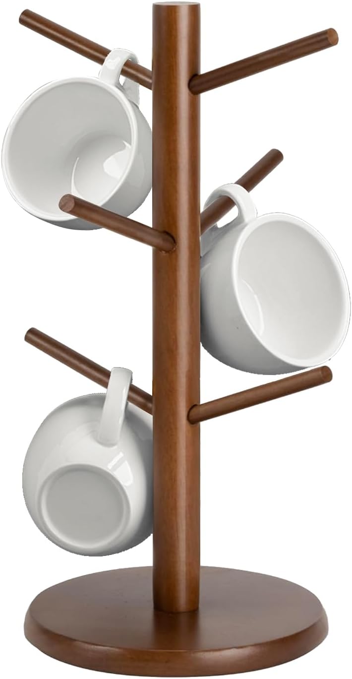 Wooden Mug Holder Tree, Coffee Cup Holder, Mug Organizer with 6 Hooks (Brown)