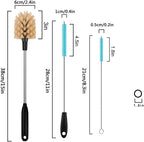 3 in 1 Stainless Steel Long Handled Water Bottle Brush Set, Kitchen Scrubber Cleaning Brush for Mugs, Coffee Cups, Glassware, Wine Glasses, Wake-Ups, with Straw Cleaner, Brown
