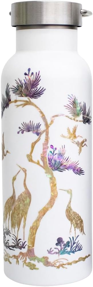 Mother of Pearl Design Stainless Steel Water Bottle 17 oz Leakproof Screw Cap Metal Handle Lid Wide Mouth Double Wall Vacuum Insulated Travel Sport Water Flask Thermo Mug (Crane Pine White)