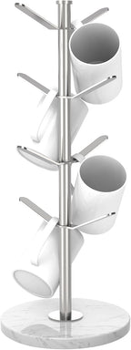 Marble Mug Holder Tree with 8 Hooks, Stainless Steel Coffee Cup Holder, Non-Slip Silicone Pads, Heavy Duty Marble Base, Countertop Organizer for Kitchen & Cafe, Silver