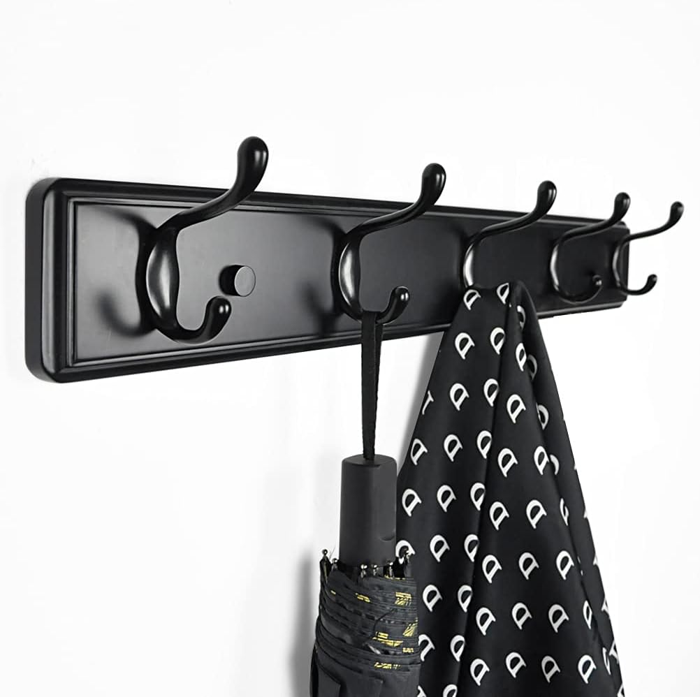Wooden Coat Rack, Wall-Mounted Organizer for Closet, Entryway, Hallway, Foyer, Bedroom, Heavy Duty Double Hooks for Hanging Towels, Bags, Hats, Jackets, Key (Black, 5 Hooks)