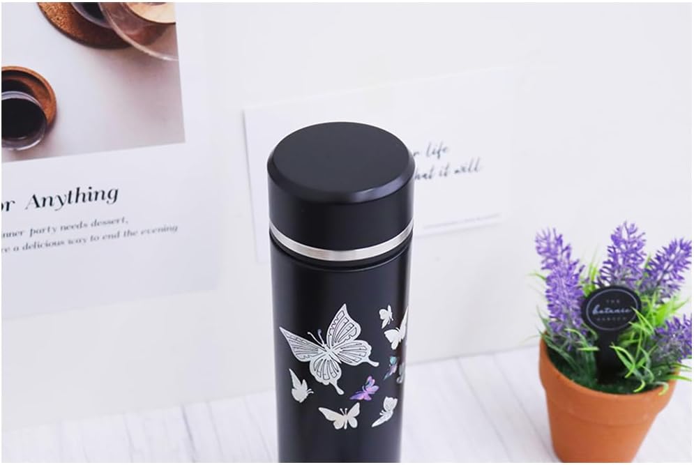 Mother of Pearl Design Stainless Steel Water Bottle with Tea Infuser Strainer 17 oz Leakproof Screw Cap Wide Mouth Double Wall Vacuum Insulated Travel Sport Water Flask Thermo Mug (Butterfly Black)