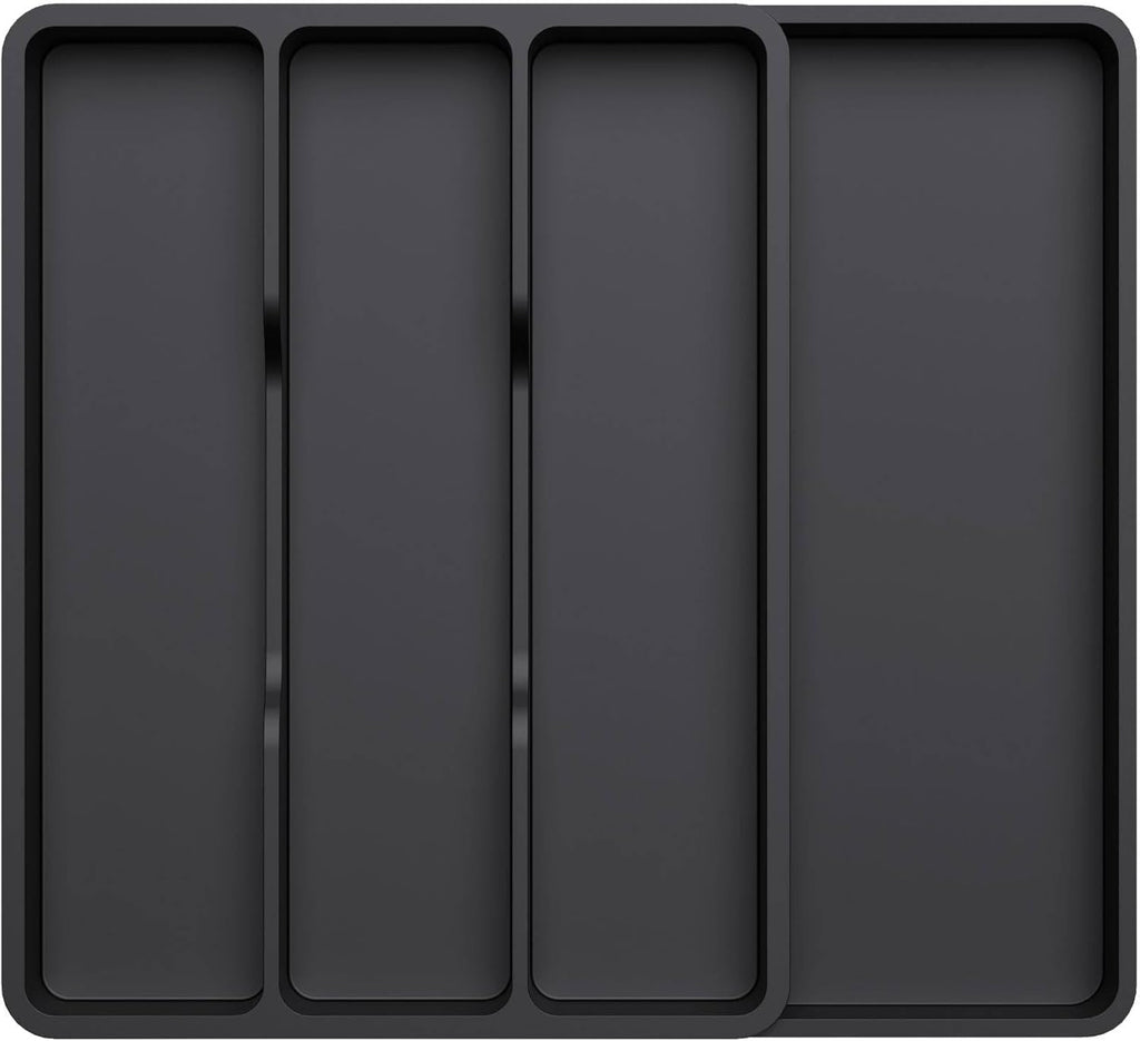 Lifewit Utensil Drawer Organizer, Expendable Cooking Silverware Tray for Kitchen Drawer, Adjustable Cutlery Flatware Holder, Plastic Spatula Tools and Gadgets Storage Divider, 4 Compartments, Black