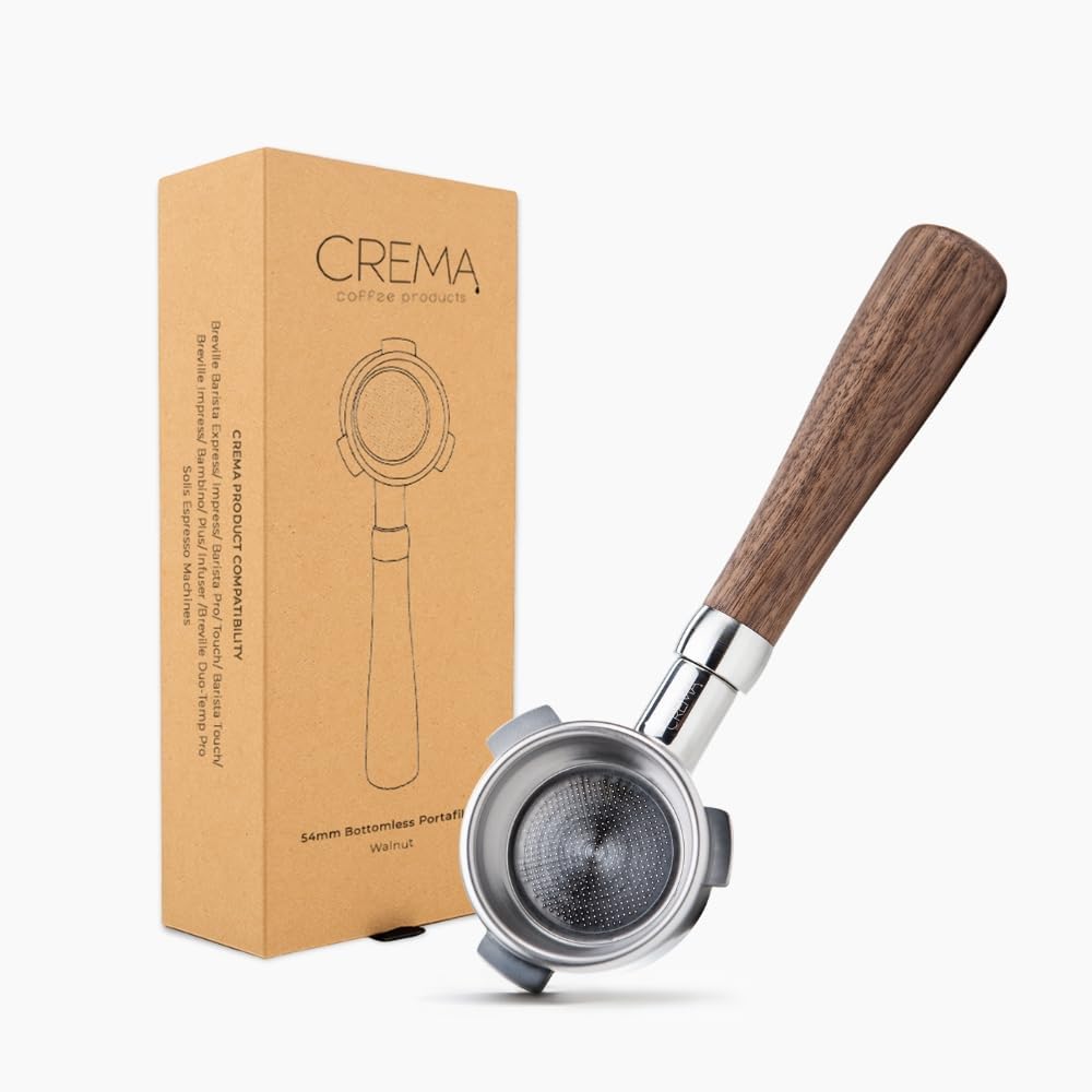 Crema Coffee Products 54mm Bottomless Naked Portafilter | Compatible with 54mm Breville Machines | Includes Double Shot Filter Basket | Walnut