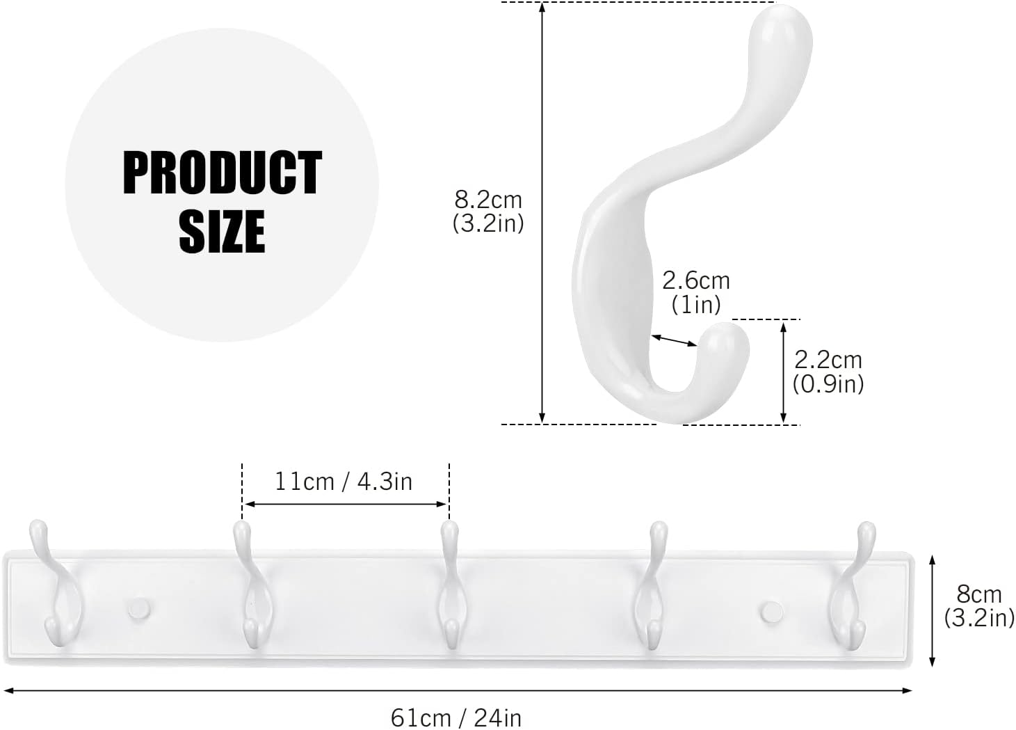 Wooden Coat Rack, Wall-Mounted Organizer for Closet, Entryway, Hallway, Foyer, Bedroom, Heavy Duty Double Hooks for Hanging Towels, Bags, Hats, Jackets, Key (White, 5 Hooks)