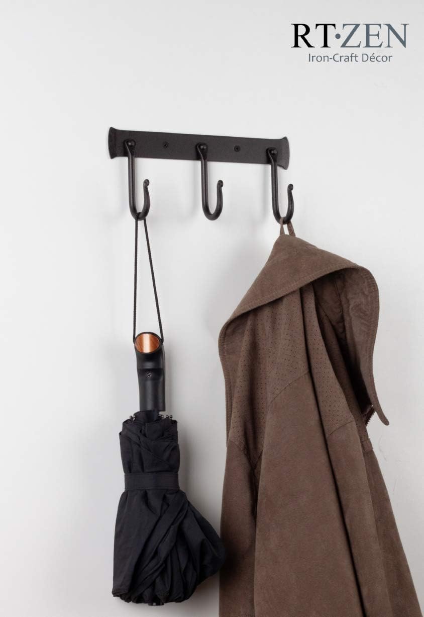 RTZEN Wall Mount Hook Set - Wrought Iron Decorative Rustic Metal Coat Hooks for Hanging - Handcrafted Classic Farmhouse Wall Mounted Black Hooks for Towel Robe or Hat Hanging - 3 Hook Rack