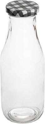Restaurantware French Countryside 15 Ounce Glass Bottles 10 Durable Juice Bottles - With Black Plaid Lid Dishwashable Clear Glass Countryside Bottles For Hot And Cold Beverages