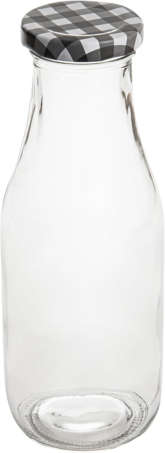Restaurantware French Countryside 15 Ounce Glass Bottles 10 Durable Juice Bottles - With Black Plaid Lid Dishwashable Clear Glass Countryside Bottles For Hot And Cold Beverages