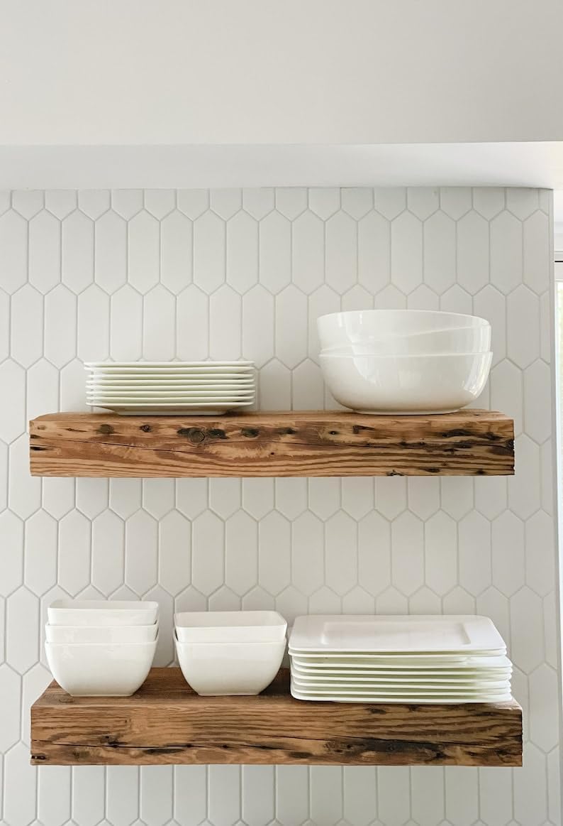 Modern Timber Craft Reclaimed Wood Fireplace Mantel Shelf | Solid Rustic American Barnwood with Floating Shelf Brackets | 2.75" Thickness | 84" L x 10" D, Rustic Original - Unfinished