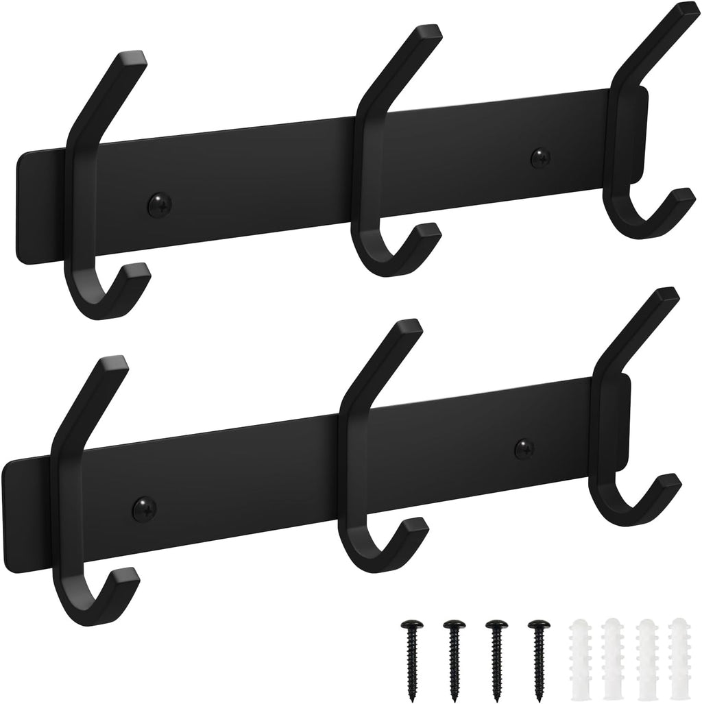 VAEHOLD 2PACK Coat Hooks Wall Hook for Hanging Clothes Robes Towels Hats Heavy Duty Coat Hanger Coat Rack Wall Mount with 3 Hooks - Black