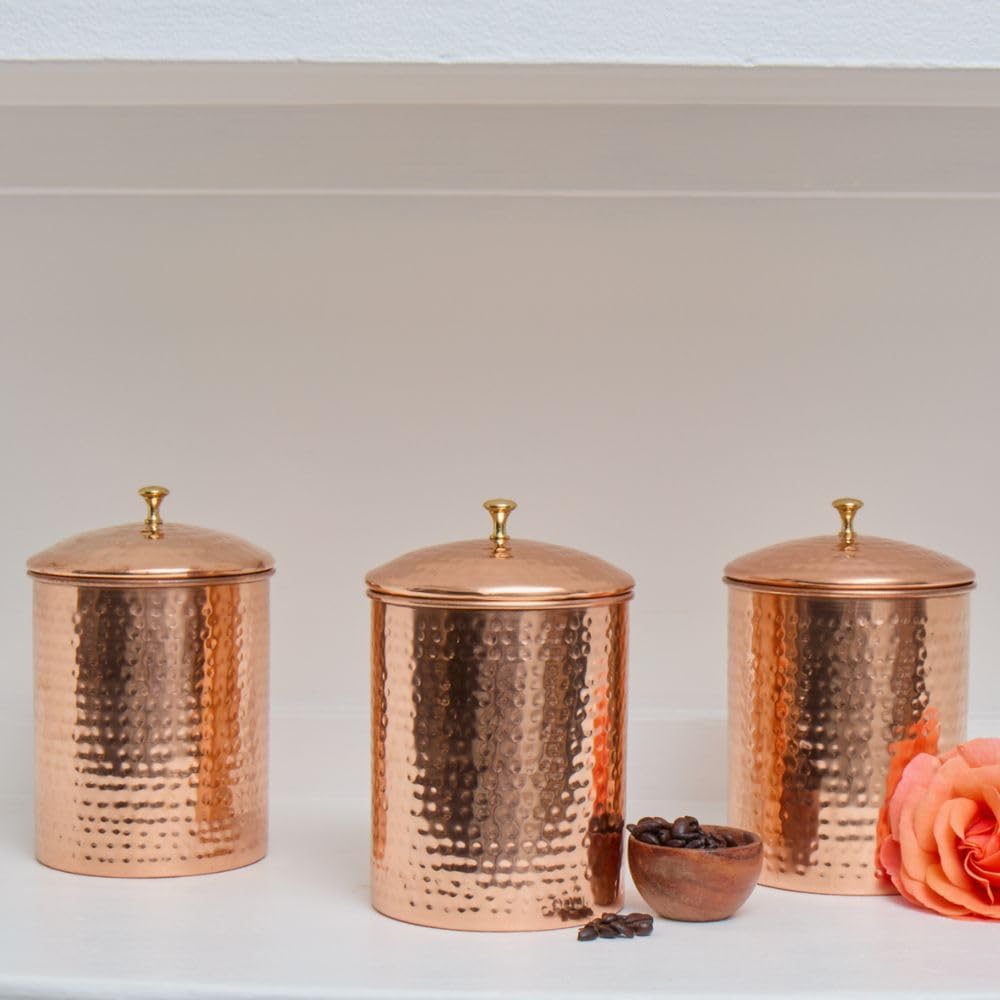 Kitchen Storage, Container for Sugar, Flour, Coffee & Tea, Food Storage, Kitchen Canisters, Countertop Storage, Container with Lid, Copper Kitchen Accessories, Pure Copper Canisters, Small (Set of 3)
