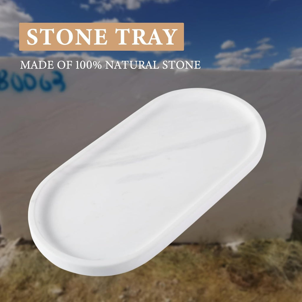 Koville 12"x6" Elegant White Marble Bathroom Tray, Natural Marble Vanity Trays for Home Decor, Stone Perfume Organizer Jewelry Dish for Dresser, Luxury Vanity Tray, Stone Storage Trays