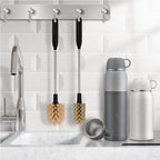 2-in-1 Long Handle Bottle Brush - Water Bottle Cleaning Accessories - Flexible Scrub Brush for Water Bottles,Mugs, Glasswares - with Replacement Brush Heads，Dishwasher Safe Reusable，Brown