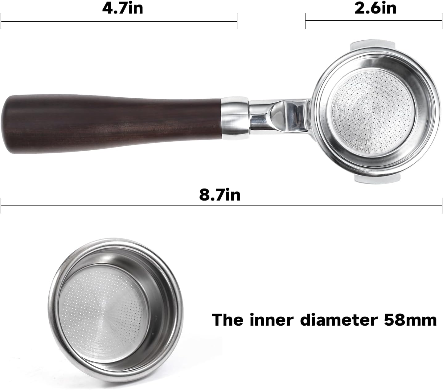 58mm Bottomless Portafilter with Double Shot Filter Basket & Wood Handle for Breville Oracle, Oracle Touch, Dual Boiler BES980XL BES990BSS BES920XL Espresso Machine